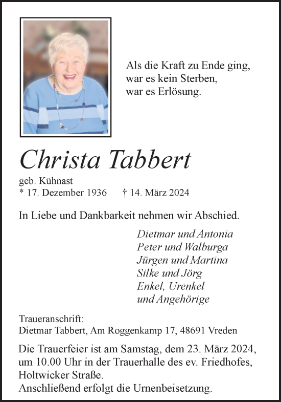 Traueranzeige von Christa Tabbert von Ruhr Nachrichten und Halterner Zeitung