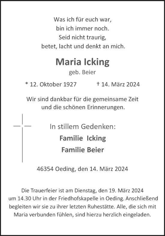 Traueranzeige von Maria Icking von Münsterland Zeitung