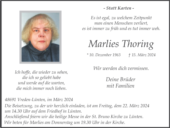 Traueranzeige von Marlies Thoring von Münsterland Zeitung