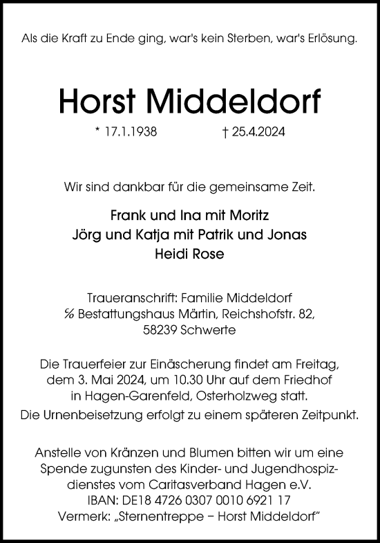 Traueranzeige von Horst Middeldorf von Ruhr Nachrichten