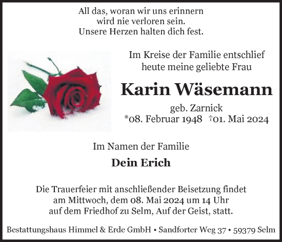Traueranzeige von Karin Wäsemann von Ruhr Nachrichten