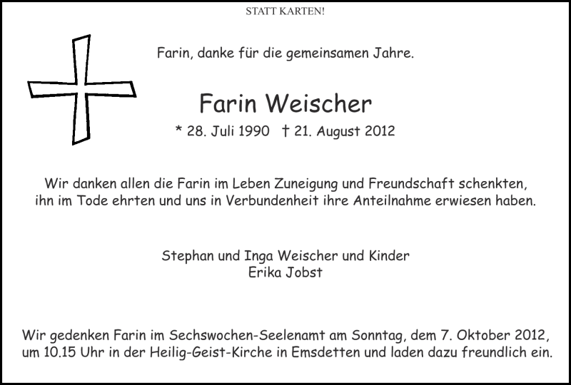  Traueranzeige für Farin Weischer vom 03.10.2012 aus Münstersche Zeitung und Emsdettener Volkszeitung