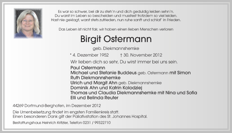  Traueranzeige für Birgit Ostermann vom 07.12.2012 aus Ruhr Nachrichten