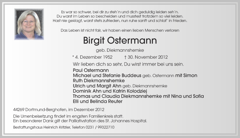  Traueranzeige für Birgit Ostermann vom 08.12.2012 aus Ruhr Nachrichten