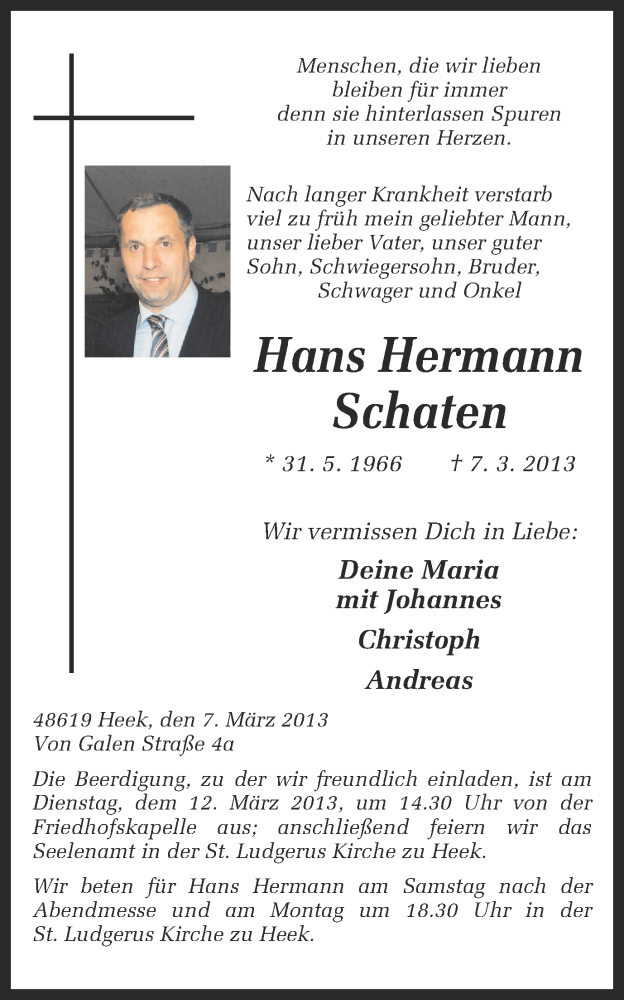  Traueranzeige für Hans-Hermann Schaten vom 09.03.2013 aus Münstersche Zeitung und Münsterland Zeitung