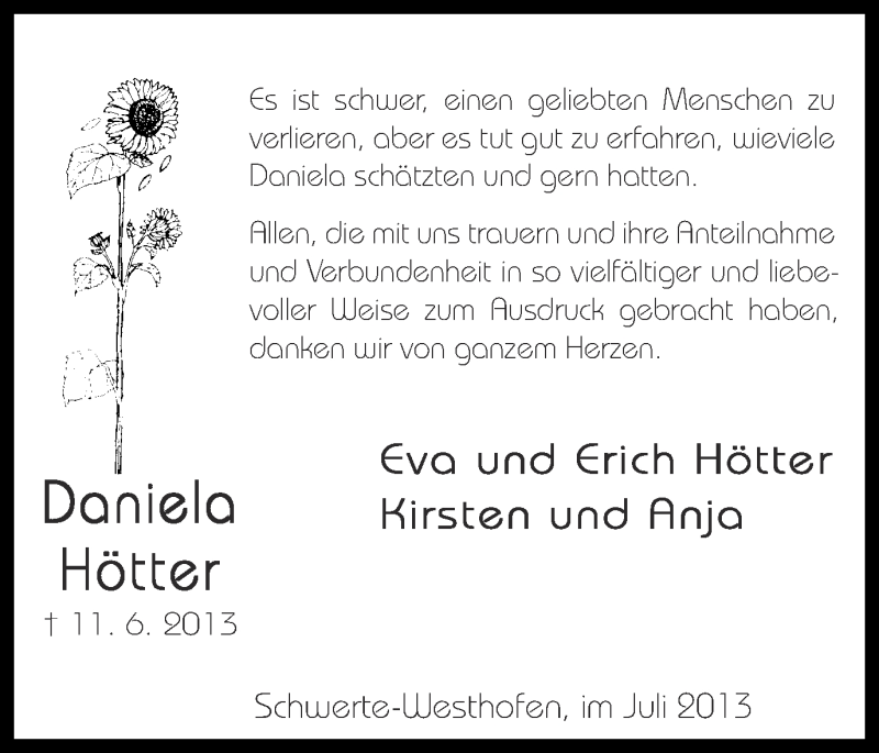  Traueranzeige für Daniela Hötter vom 10.07.2013 aus Ruhr Nachrichten