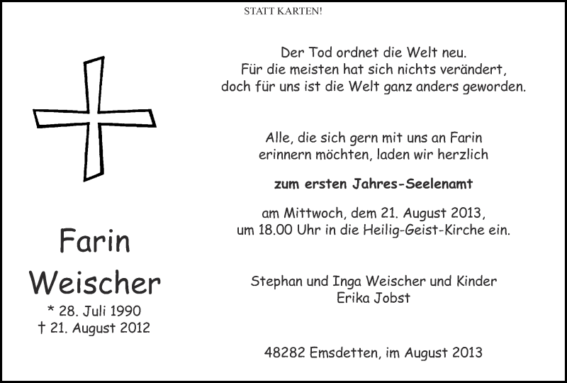  Traueranzeige für Farin Weischer vom 17.08.2013 aus 