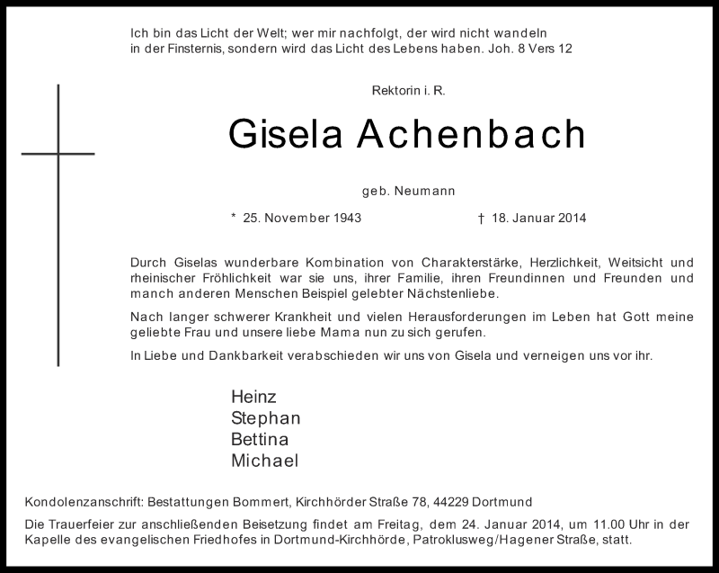  Traueranzeige für Gisela Achenbach vom 21.01.2014 aus Ruhr Nachrichten