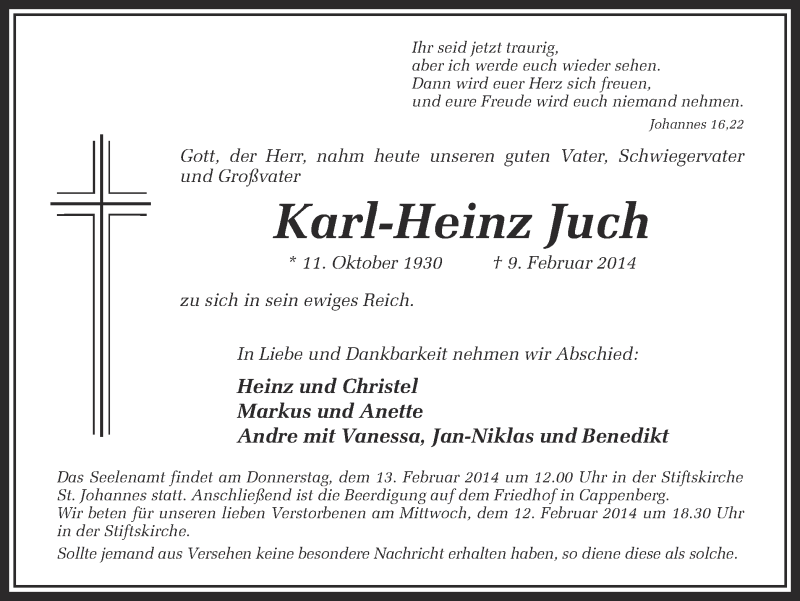  Traueranzeige für Karl-Heinz Juch vom 11.02.2014 aus Ruhr Nachrichten