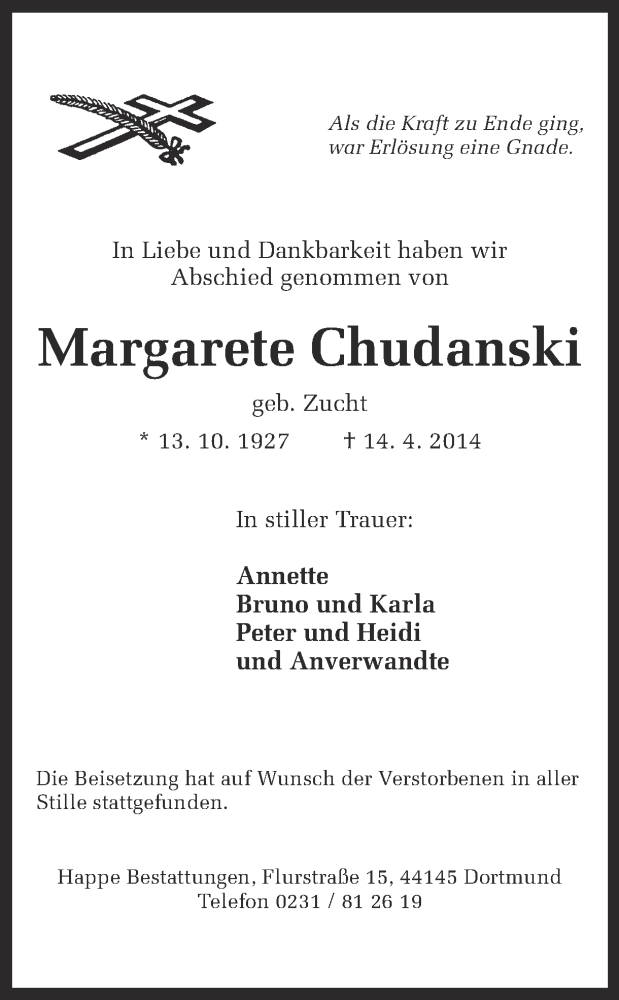  Traueranzeige für Margarete Chudanski vom 24.04.2014 aus Ruhr Nachrichten