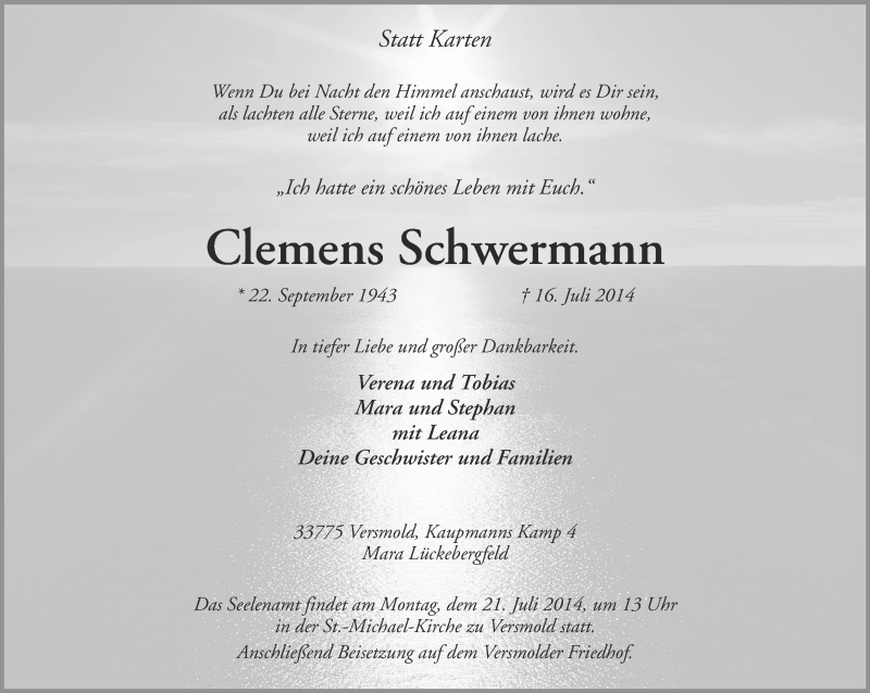  Traueranzeige für Clemens Schwermann vom 18.07.2014 aus Ruhr Nachrichten