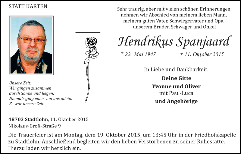  Traueranzeige für Hendrikus Spanjaard vom 15.10.2015 aus Münstersche Zeitung und Münsterland Zeitung