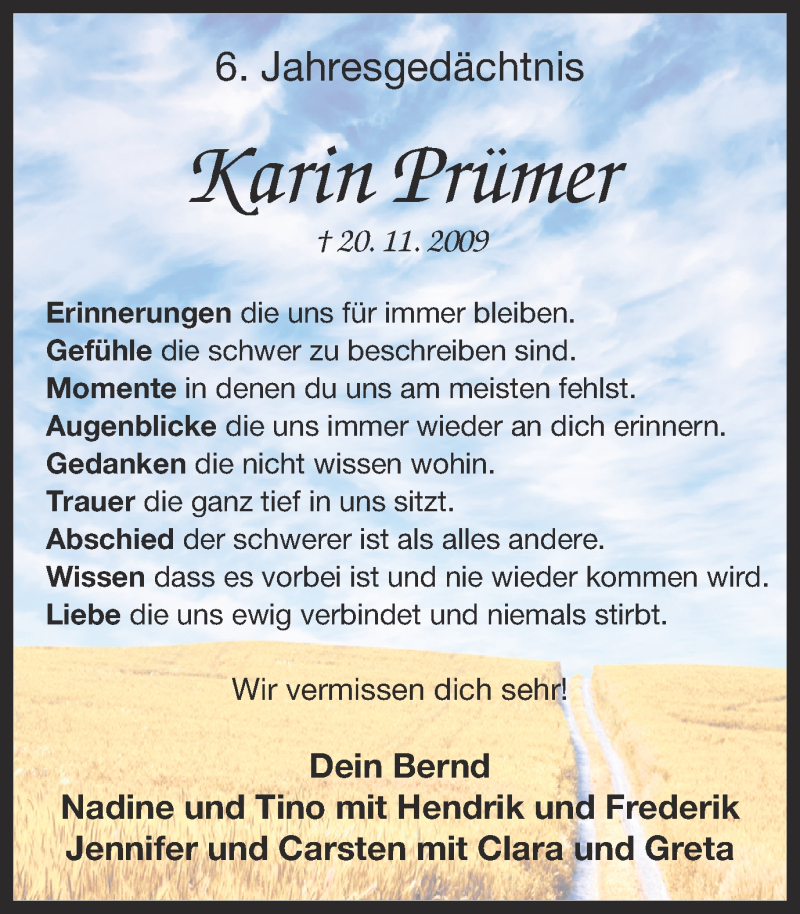 Traueranzeige für Karin Prümer vom 20.11.2015 aus Ruhr Nachrichten und Dorstener Zeitung