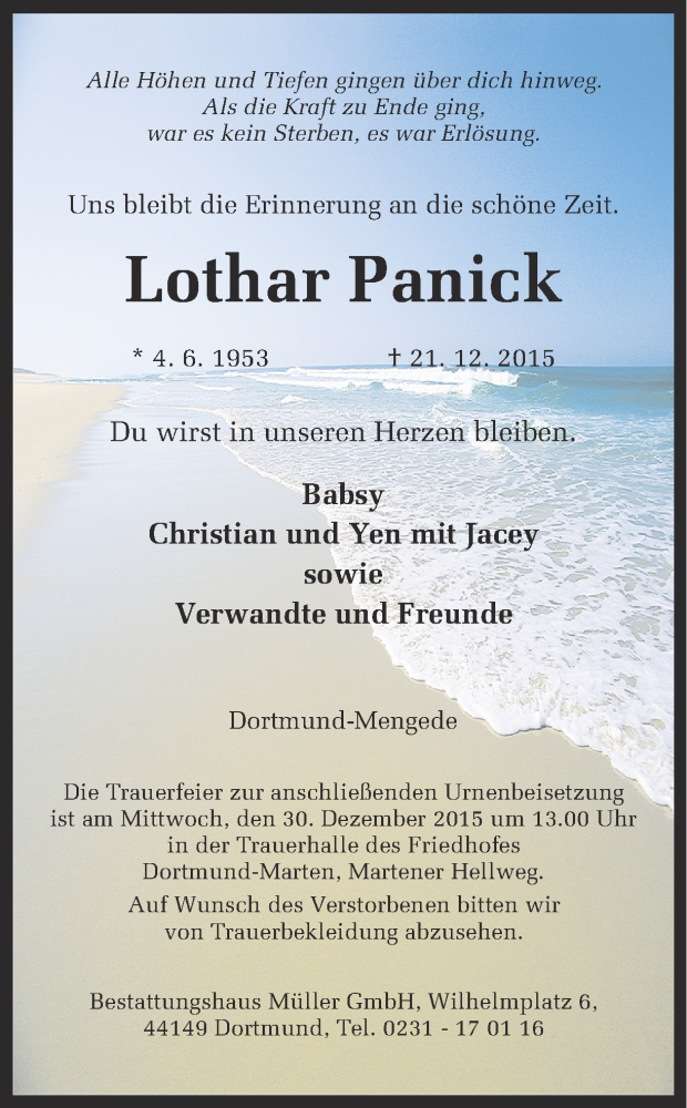  Traueranzeige für Lothar Panick vom 28.12.2015 aus Ruhr Nachrichten