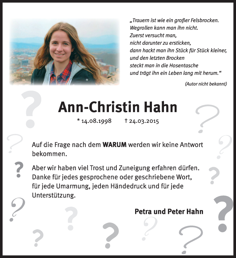 Traueranzeige für Ann-Christin Hahn vom 14.08.2015 aus Ruhr Nachrichten und Halterner Zeitung