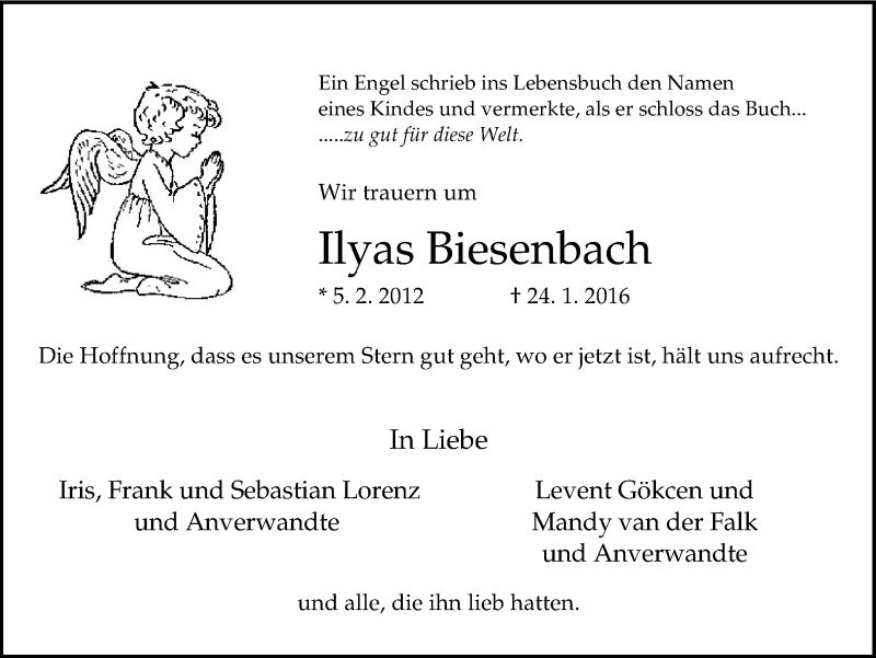  Traueranzeige für Ilyas Biesenbach vom 27.01.2016 aus Ruhr Nachrichten und Dorstener Zeitung