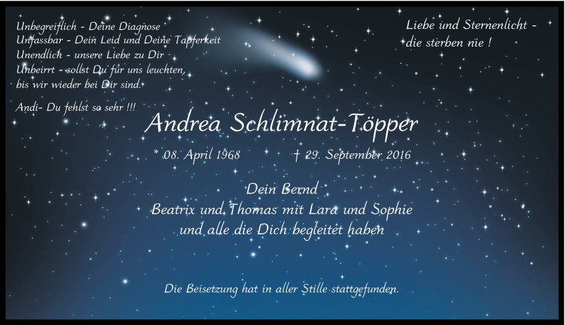  Traueranzeige für Andrea Schlimnat-Töpper vom 08.10.2016 aus Ruhr Nachrichten
