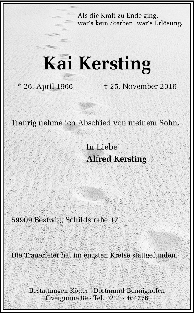  Traueranzeige für Kai Kersting vom 03.12.2016 aus Ruhr Nachrichten