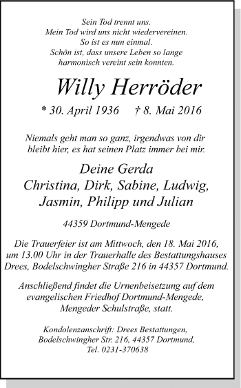 Traueranzeige von Willy Herröder von Ruhr Nachrichten