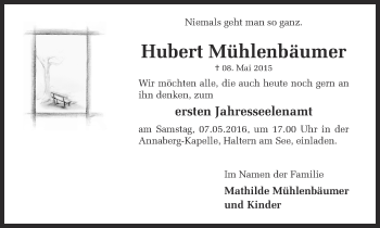 Traueranzeige von Hubert Mühlenbäumer von Ruhr Nachrichten und Halterner Zeitung