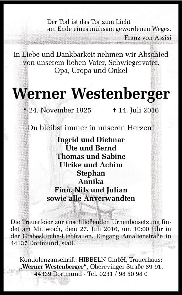  Traueranzeige für Werner Westenberger vom 22.07.2016 aus Ruhr Nachrichten
