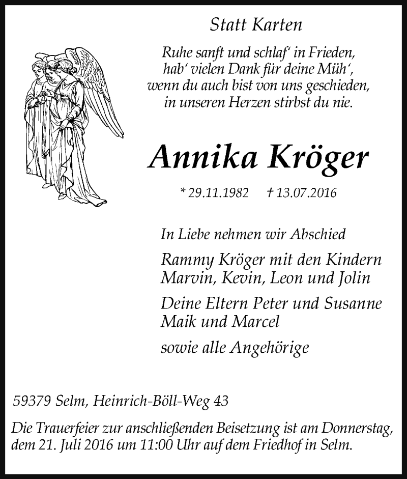  Traueranzeige für Annika Kröger vom 18.07.2016 aus Ruhr Nachrichten