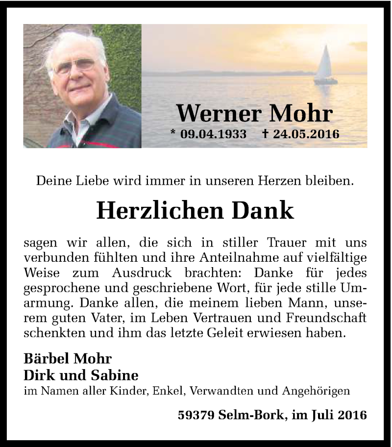  Traueranzeige für Werner Mohr vom 30.07.2016 aus Ruhr Nachrichten
