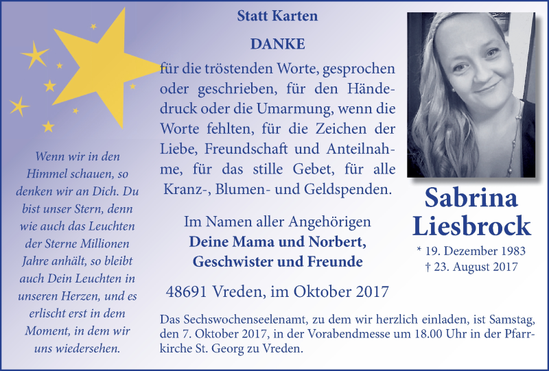  Traueranzeige für Sabrina Liesbrock vom 05.10.2017 aus Münstersche Zeitung und Münsterland Zeitung