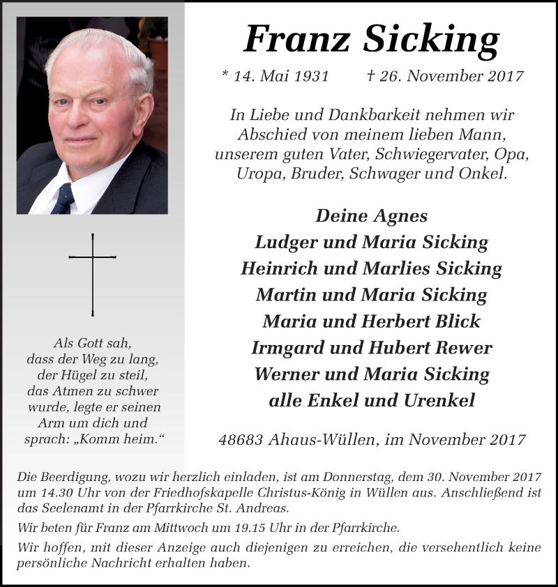  Traueranzeige für Franz Sicking vom 28.11.2017 aus Münstersche Zeitung und Münsterland Zeitung
