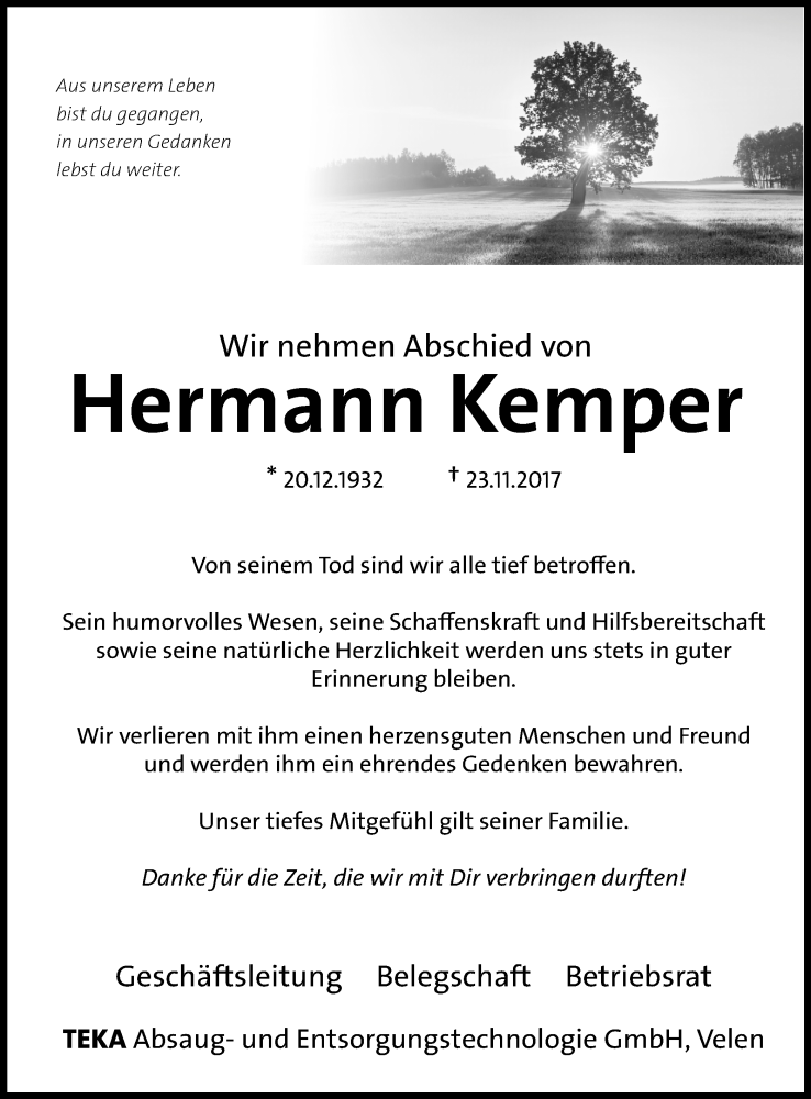  Traueranzeige für Hermann Kemper vom 25.11.2017 aus Münstersche Zeitung und Münsterland Zeitung