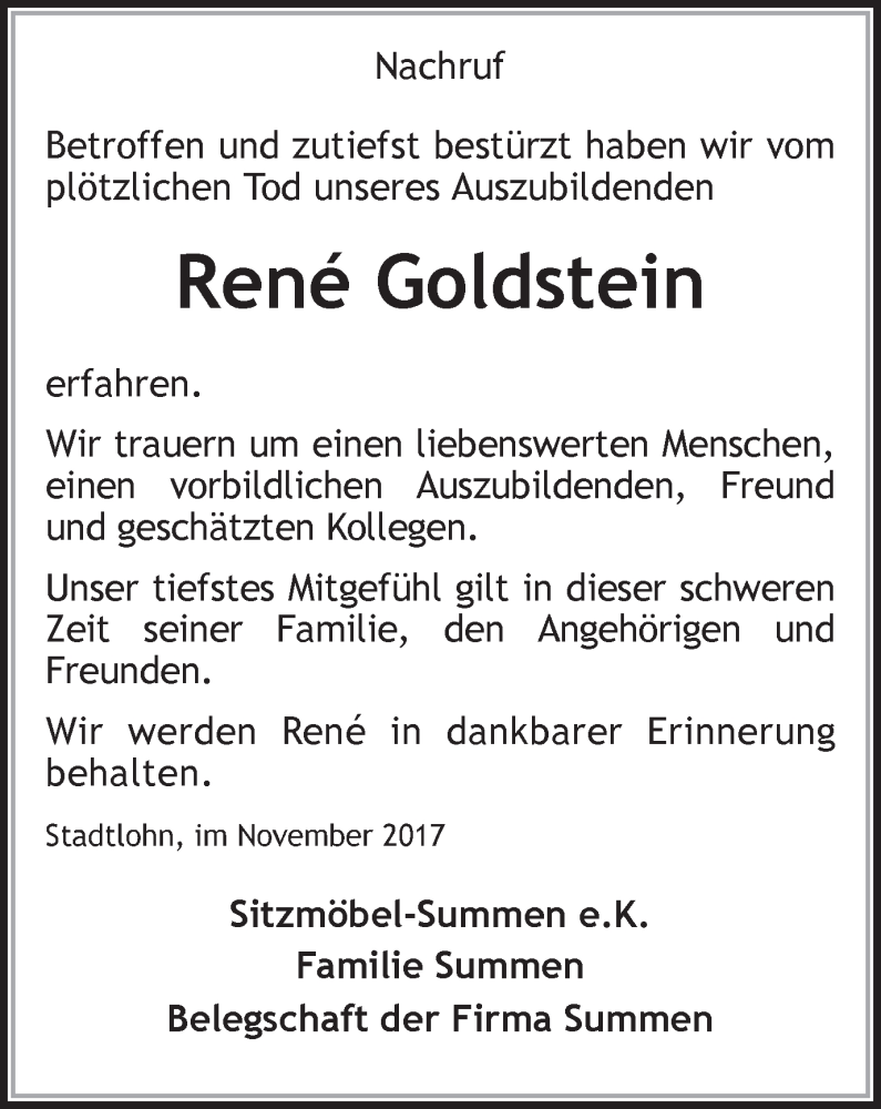 Traueranzeige für René Goldstein vom 09.11.2017 aus Münstersche Zeitung und Münsterland Zeitung