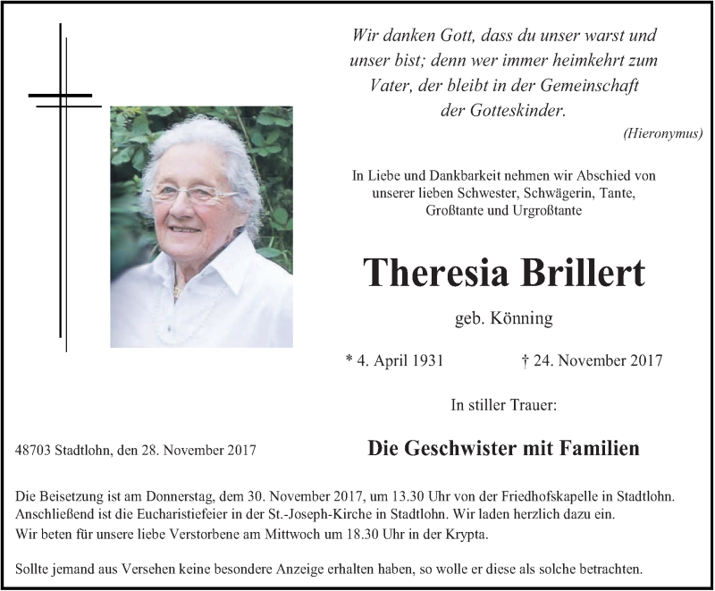  Traueranzeige für Theresia Brillert vom 28.11.2017 aus Münstersche Zeitung und Münsterland Zeitung