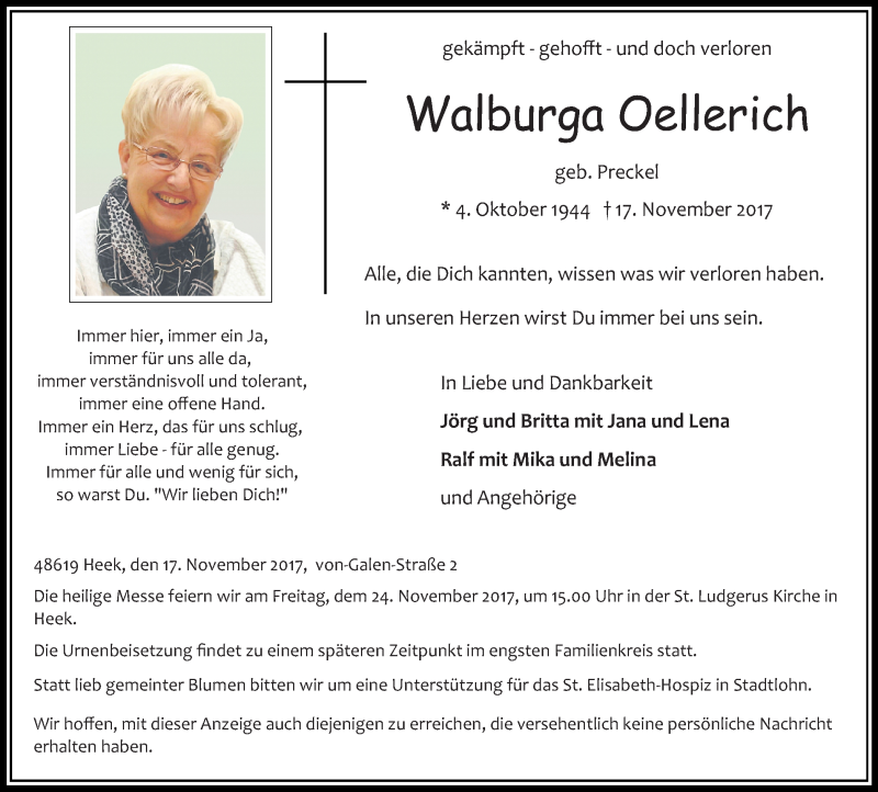  Traueranzeige für Walburga Oellerich vom 21.11.2017 aus Münstersche Zeitung und Münsterland Zeitung