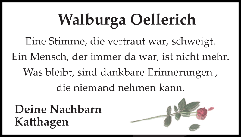  Traueranzeige für Walburga Oellerich vom 23.11.2017 aus Münstersche Zeitung und Münsterland Zeitung