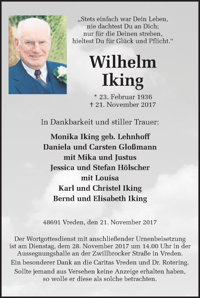  Traueranzeige für Wilhelm Iking vom 25.11.2017 aus Münstersche Zeitung und Münsterland Zeitung