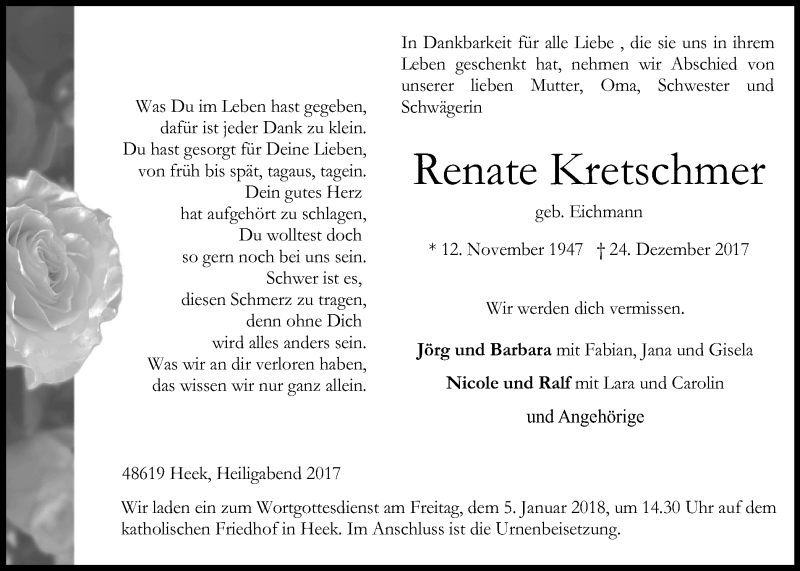  Traueranzeige für Renate Kretschmer vom 30.12.2017 aus Münstersche Zeitung und Münsterland Zeitung