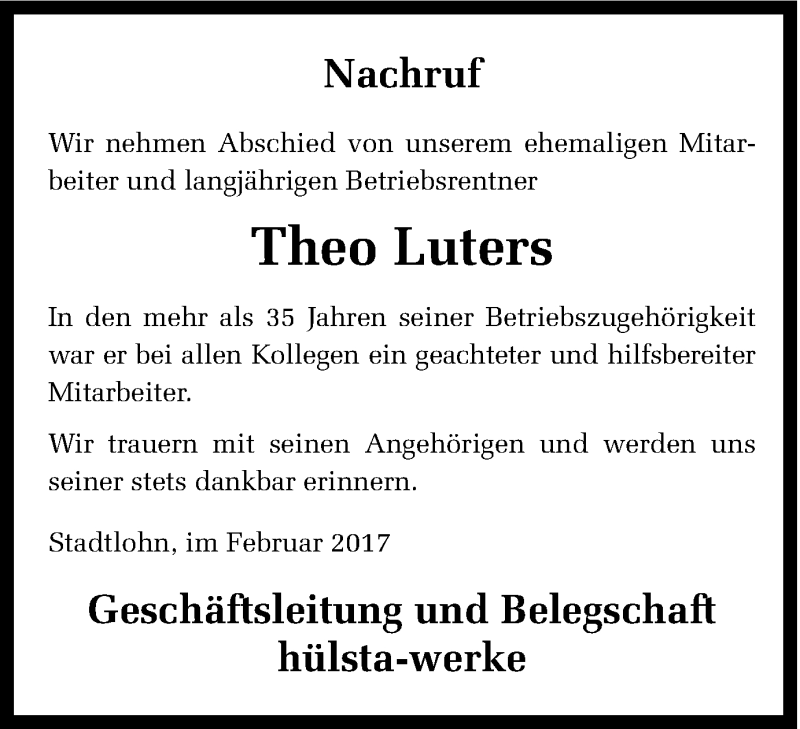 Traueranzeige für Theo Luters vom 16.02.2017 aus Münstersche Zeitung und Münsterland Zeitung