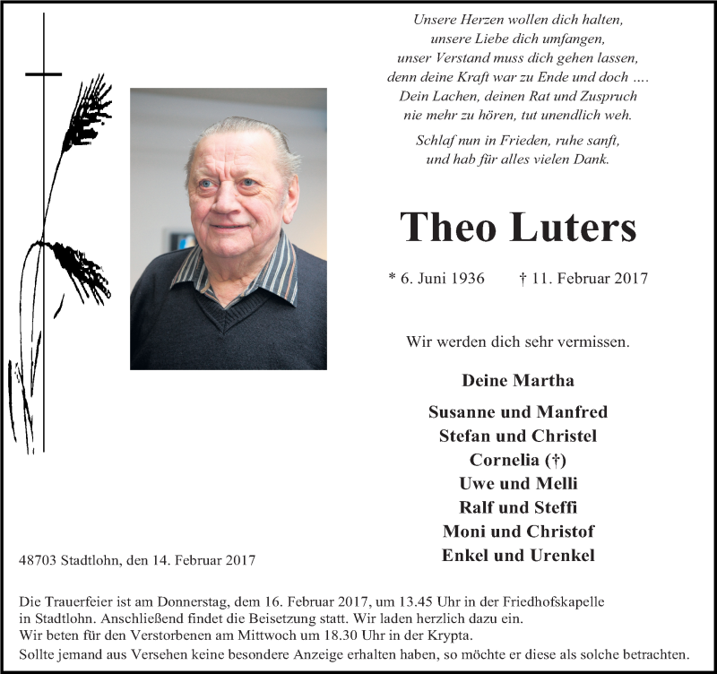  Traueranzeige für Theo Luters vom 14.02.2017 aus Münstersche Zeitung und Münsterland Zeitung