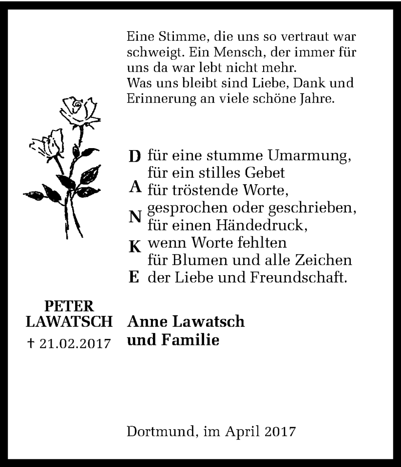  Traueranzeige für Peter Lawatsch vom 01.04.2017 aus Ruhr Nachrichten