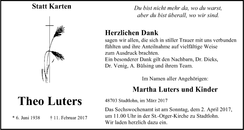  Traueranzeige für Theo Luters vom 30.03.2017 aus Münstersche Zeitung und Münsterland Zeitung