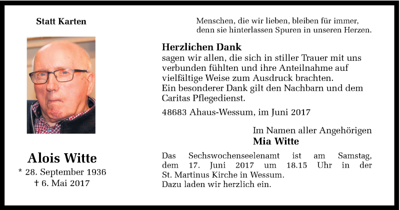  Traueranzeige für Alois Witte vom 14.06.2017 aus Münstersche Zeitung und Münsterland Zeitung