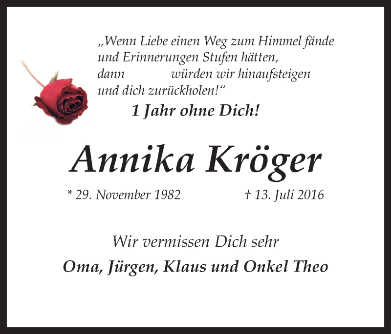  Traueranzeige für Annika Kröger vom 13.07.2017 aus Ruhr Nachrichten