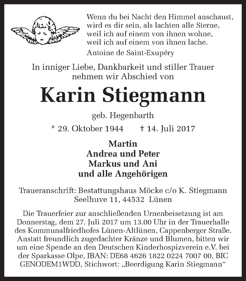  Traueranzeige für Karin Stiegmann vom 22.07.2017 aus Ruhr Nachrichten