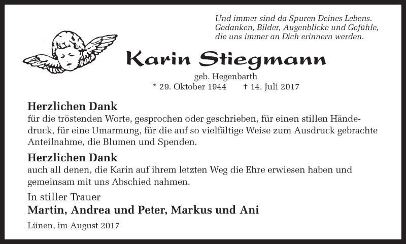  Traueranzeige für Karin Stiegmann vom 26.08.2017 aus Ruhr Nachrichten
