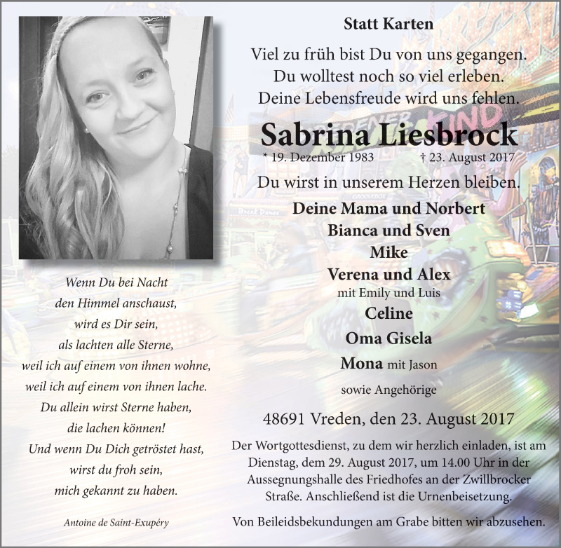  Traueranzeige für Sabrina Liesbrock vom 26.08.2017 aus Münstersche Zeitung und Münsterland Zeitung
