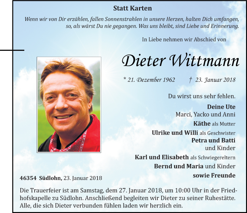  Traueranzeige für Dieter Wittmann vom 26.01.2018 aus Münstersche Zeitung und Münsterland Zeitung