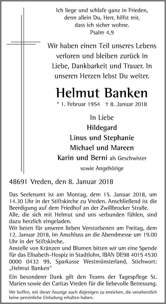  Traueranzeige für Helmut Banken vom 10.01.2018 aus Münstersche Zeitung und Münsterland Zeitung