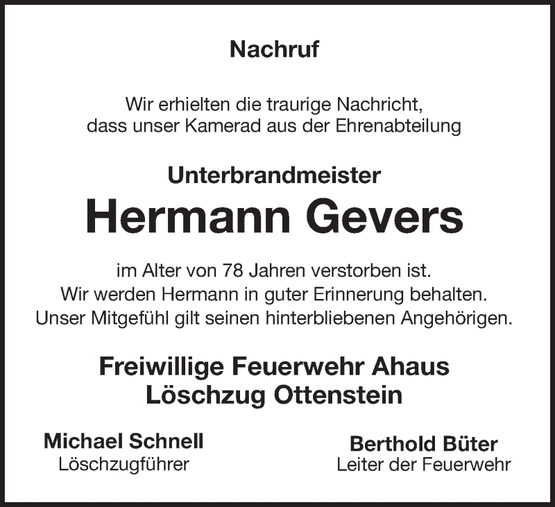  Traueranzeige für Hermann Gevers vom 10.01.2018 aus Münstersche Zeitung und Münsterland Zeitung
