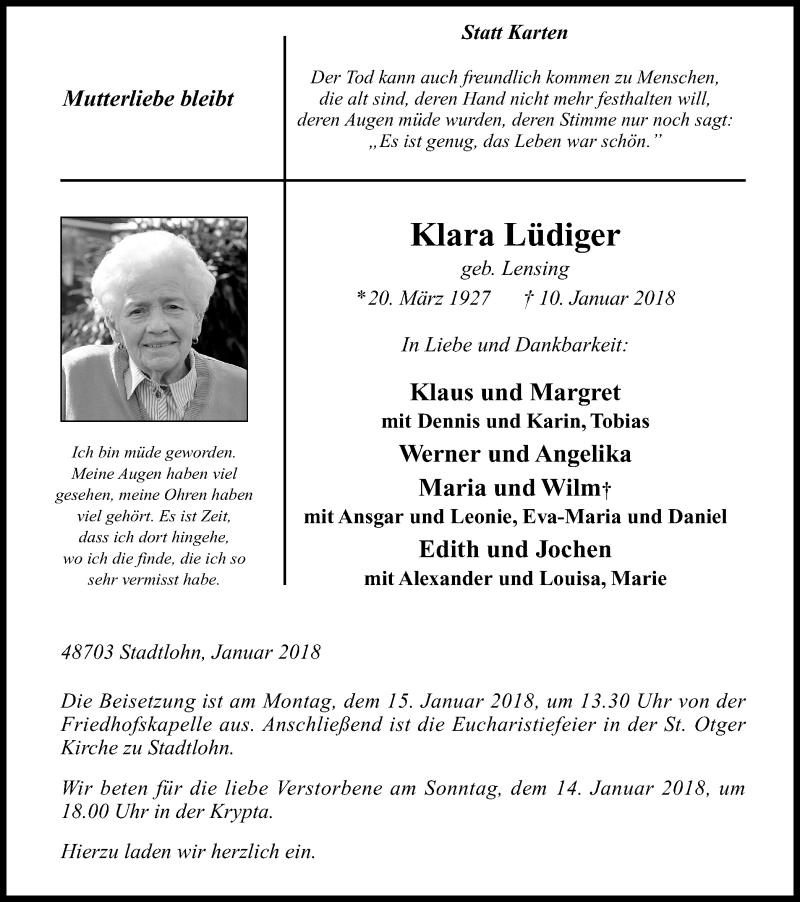  Traueranzeige für Klara Lüdiger vom 13.01.2018 aus Münstersche Zeitung und Münsterland Zeitung