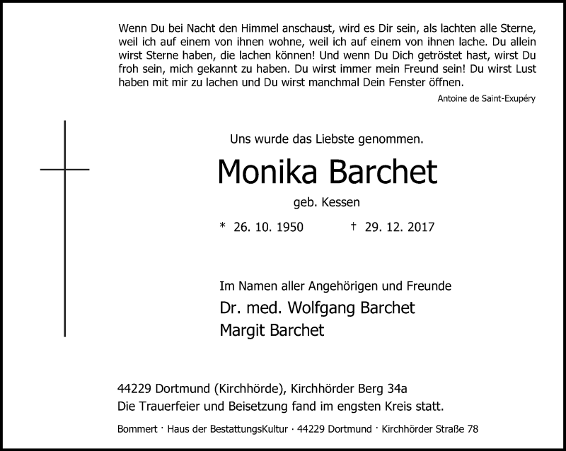  Traueranzeige für Monika Barchet vom 13.01.2018 aus Ruhr Nachrichten